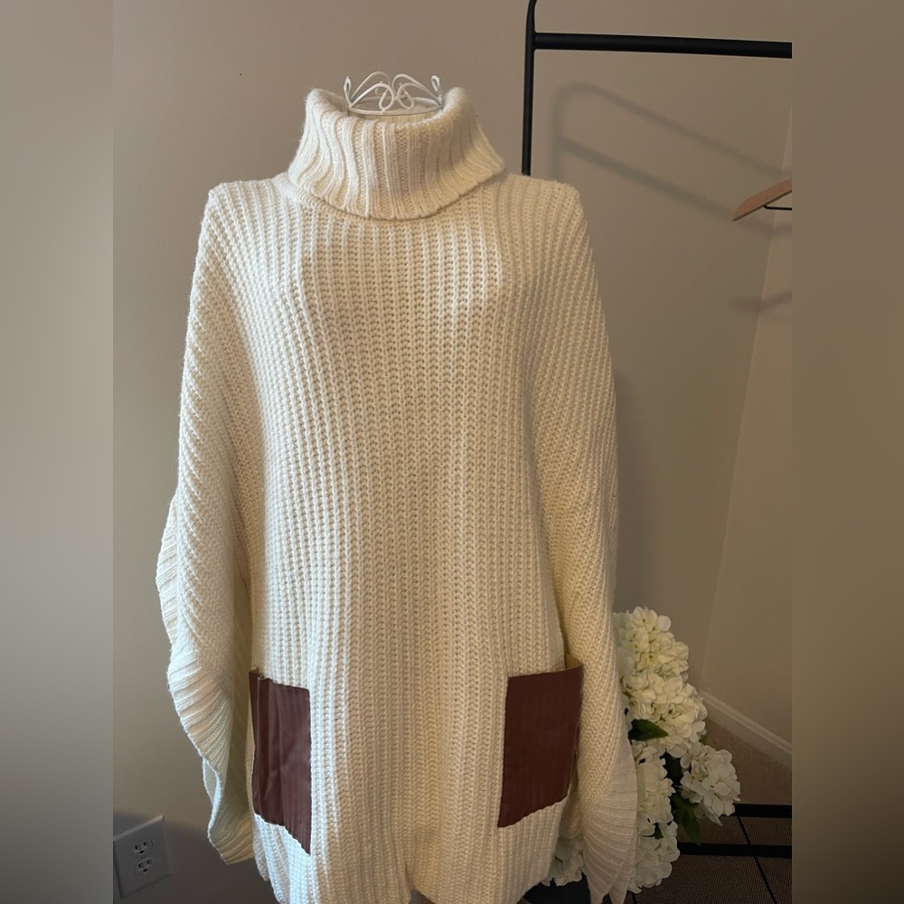 Michael Kors Turtleneck Poncho with Faux Leather Pockets, Size M